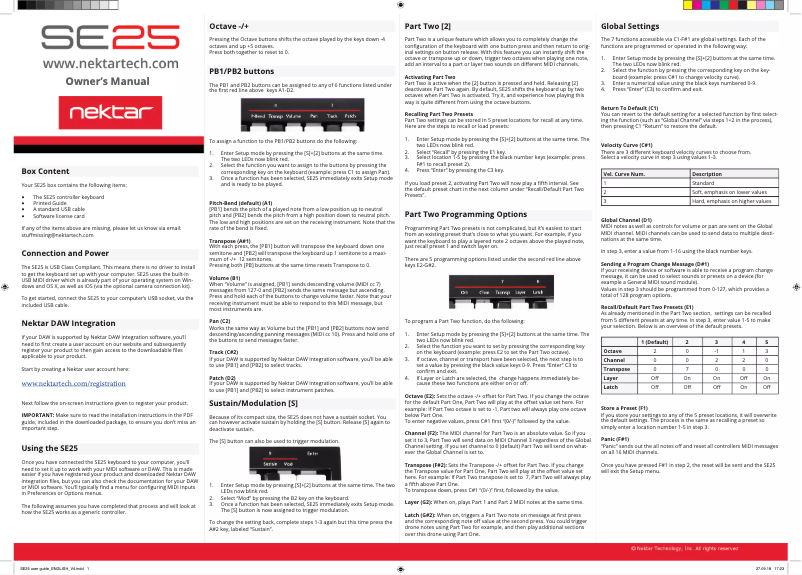 Page 1 de la notice Manuel utilisateur Nektar SE25