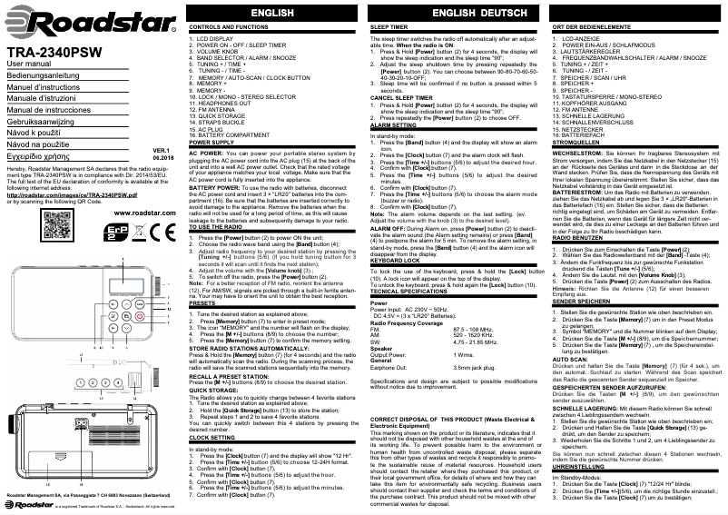 Page 1 de la notice Manuel utilisateur Roadstar TRA-2340PSW