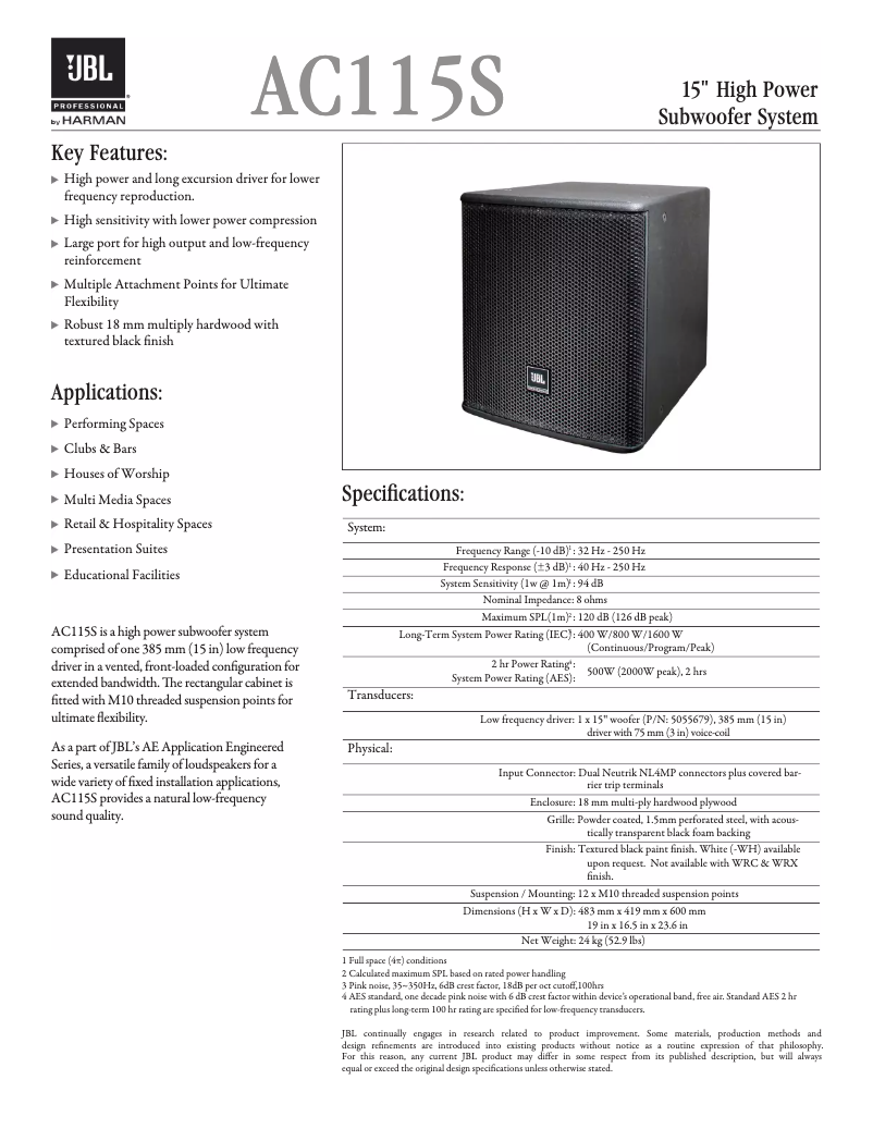 Page 1 de la notice Brochure JBL AC115S