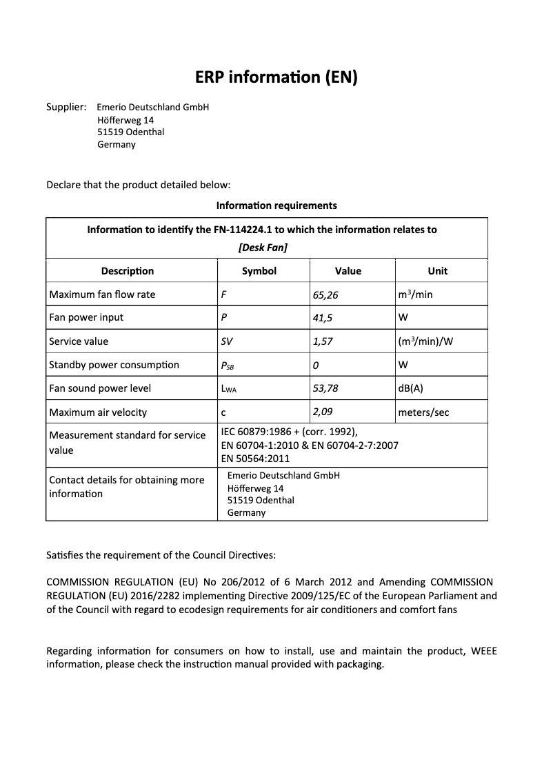 Page 1 de la notice Fiche technique Emerio FN-114224.1