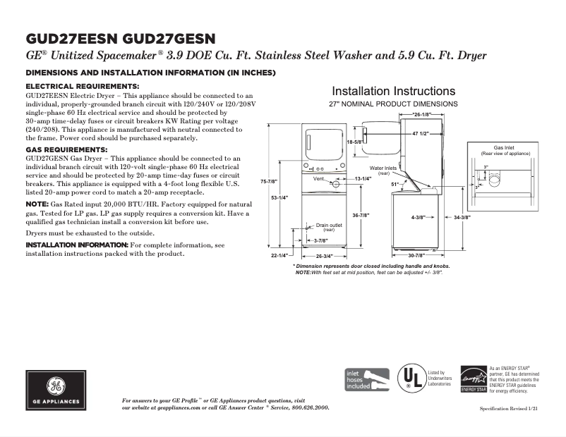 Image de la première page du manuel de l'appareil Spacemaker GUD27GESNWW