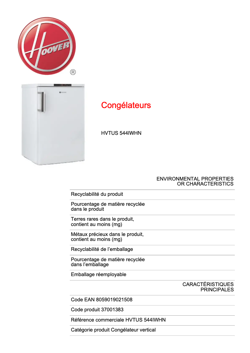 Page 1 de la notice Fiche technique Hoover HVTUS 544IWHN