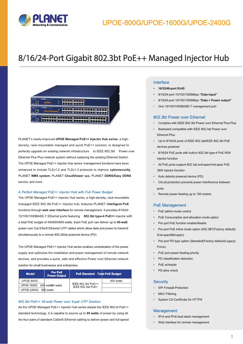 Page 1 de la notice Fiche technique Planet UPOE-800G