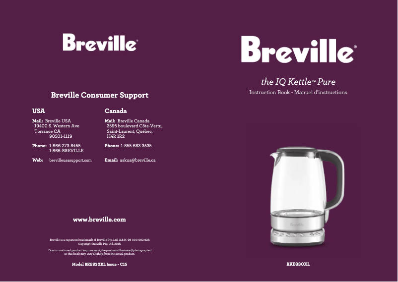 Page 1 de la notice Manuel utilisateur Breville the IQ Kettle Pure BKE830XL