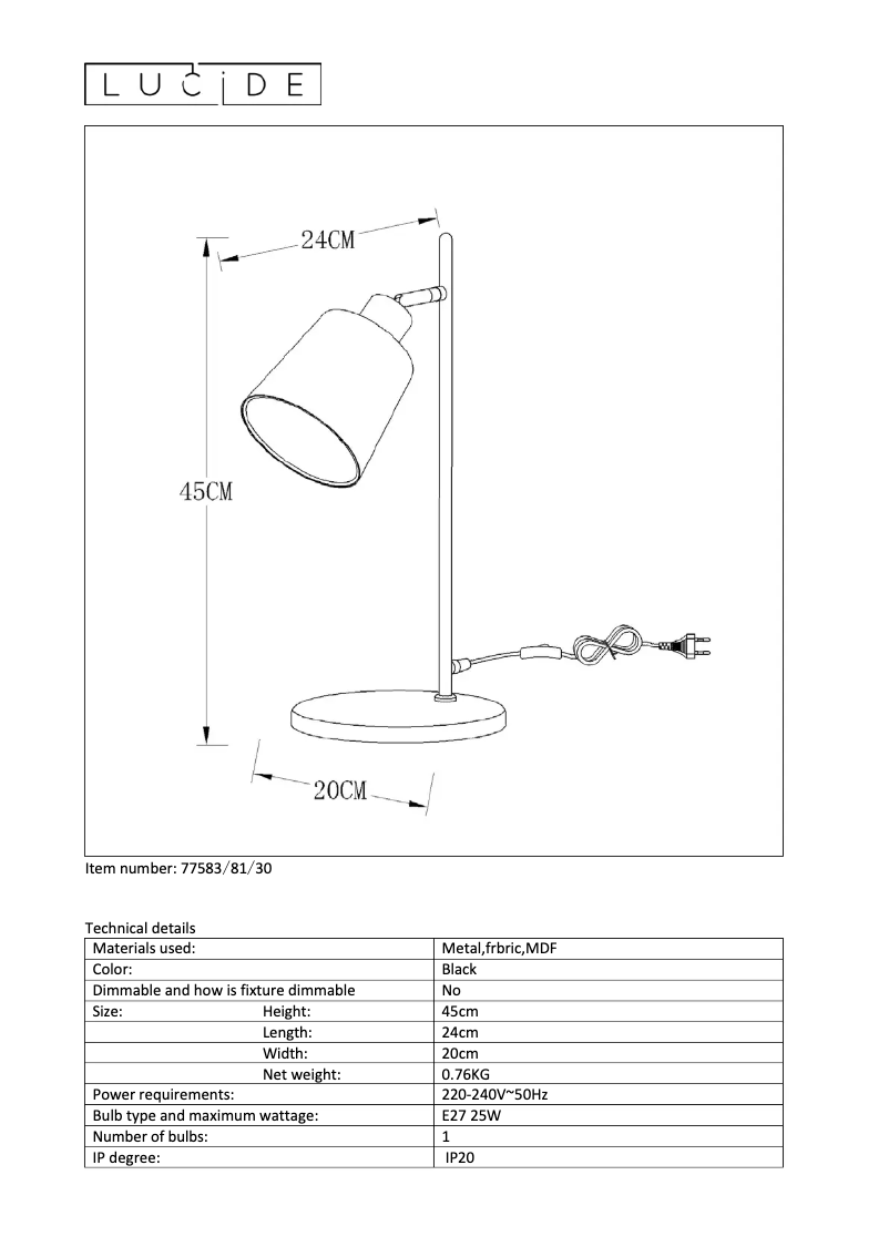 Page 1 de la notice Manuel utilisateur Lucide Pippa 77583/81/30
