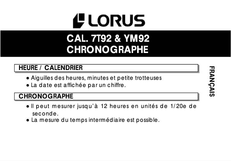 Page 1 de la notice Manuel utilisateur Lorus YM92