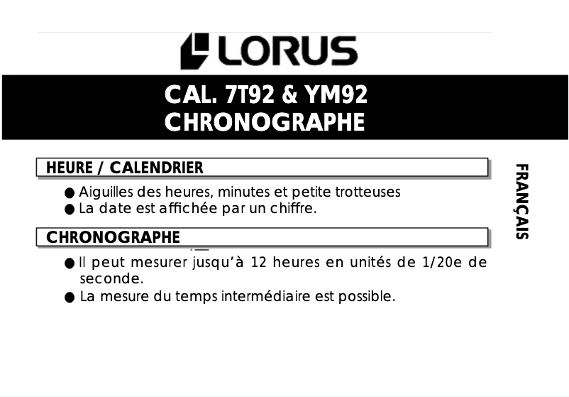 Page n°1 - Manuel utilisateur Lorus YM92