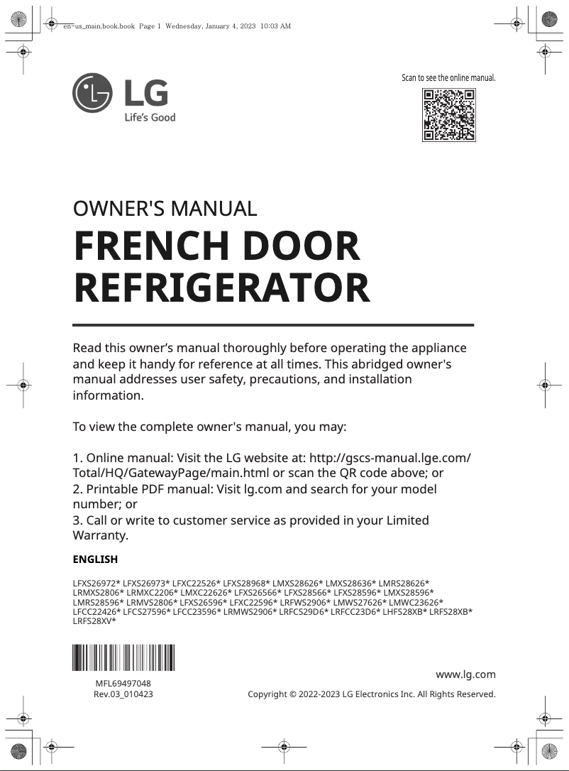 Page 1 de la notice Manuel utilisateur LG LFXS28968D