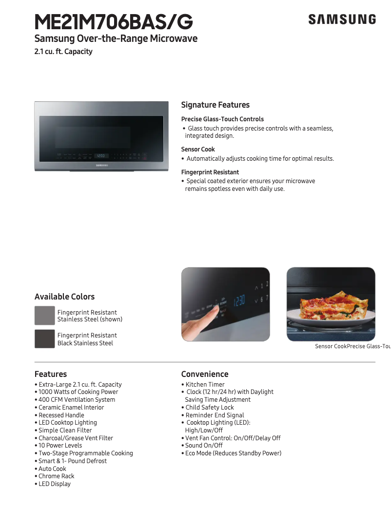 Page 1 de la notice Fiche technique Samsung ME21M706BAS