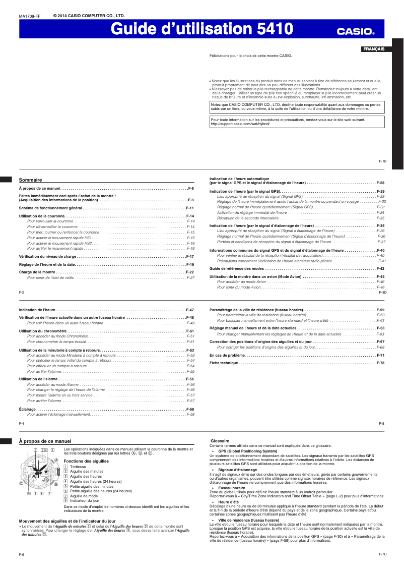 Page 1 de la notice Manuel utilisateur Casio G-Shock GPW-1000