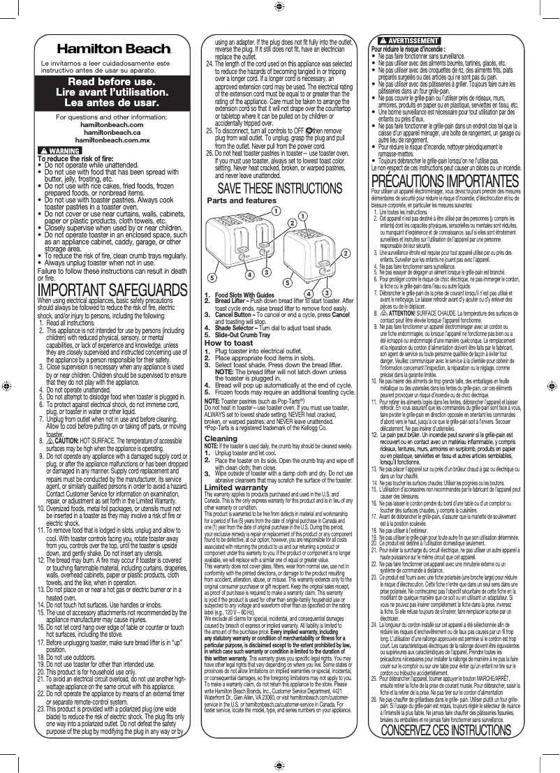 Page 1 de la notice Manuel utilisateur Hamilton Beach 22910