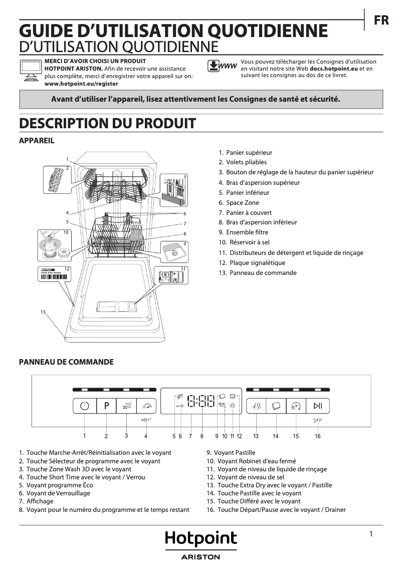 Page 1 de la notice Manuel utilisateur Hotpoint Ariston HSFO 3T223 W