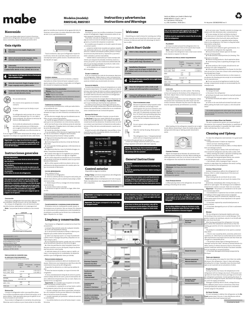 Page 1 de la notice Manuel utilisateur Mabe RMS510IAMRE0