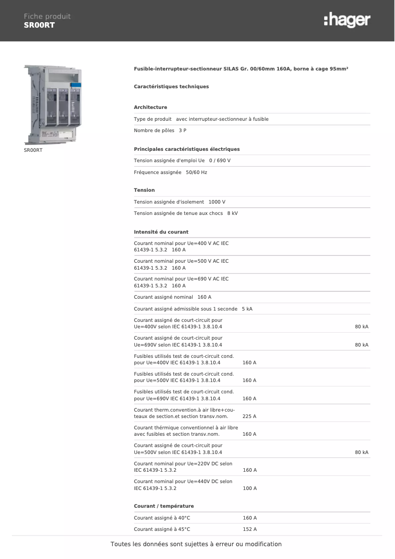 Page 1 de la notice Fiche technique Hager SR00RT