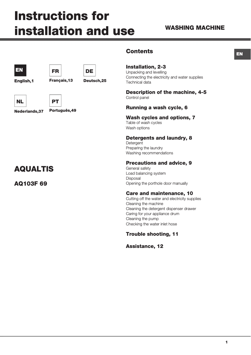 Page n°1 - Manuel utilisateur Hotpoint Ariston Aqualtis AQ103F 69 EU