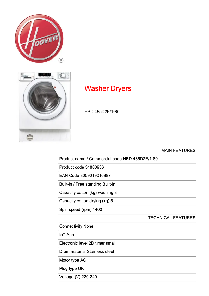 Page 1 de la notice Fiche technique Hoover HBD 485D2E/1-80