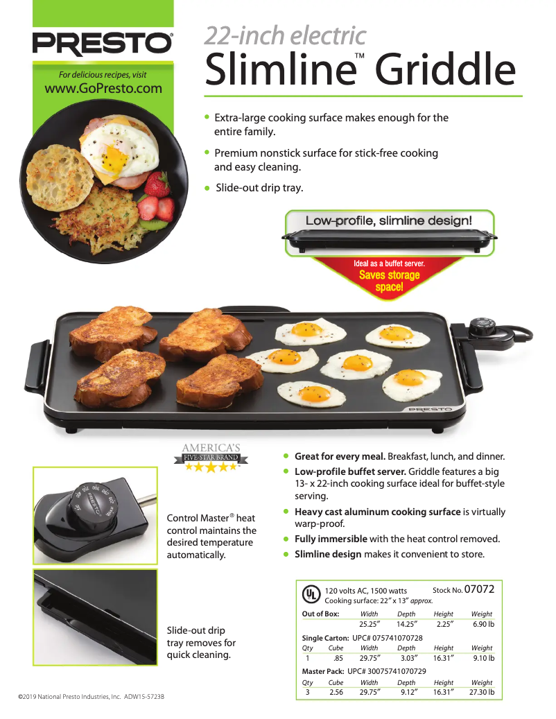 Page 1 de la notice Fiche technique Presto 22-inch electric Slimline Griddle 07072