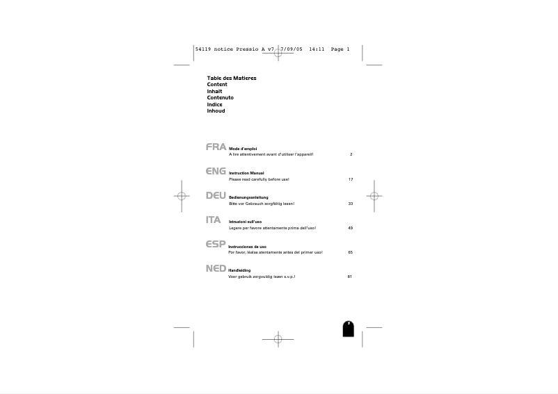 Image de la première page du manuel de l'appareil Pressio A