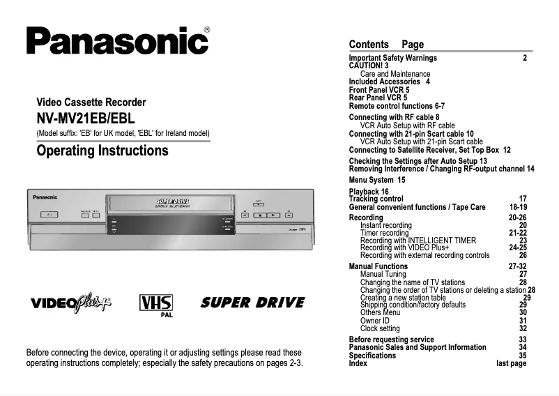 Page 1 de la notice Manuel utilisateur Panasonic NV-MV21EB