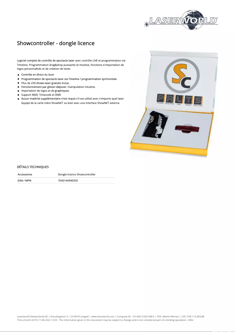 Page n°1 - Fiche technique Laserworld Showcontroller