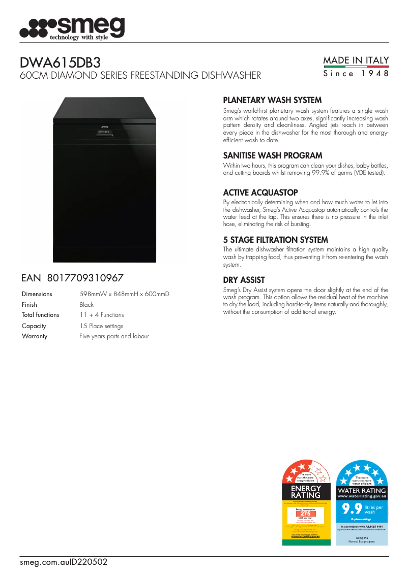 Página 1 del manual Ficha técnica Smeg DWA615DB3