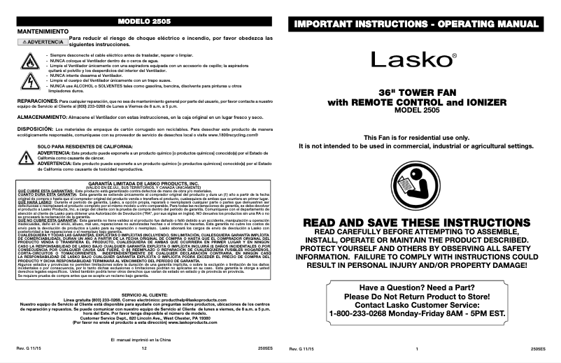Page 1 de la notice Manuel d'utilisation et d'entretien Lasko 2505