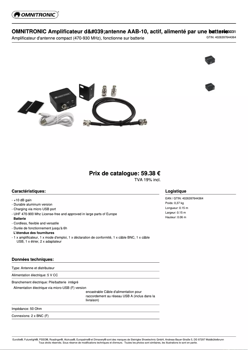 Page 1 de la notice Fiche technique Omnitronic AAB-10