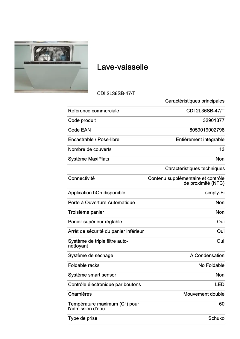 Page 1 de la notice Fiche technique Candy CDI 2L36SB-47