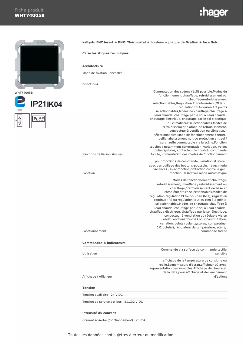 Page n°1 - Fiche technique Hager WHT74005B