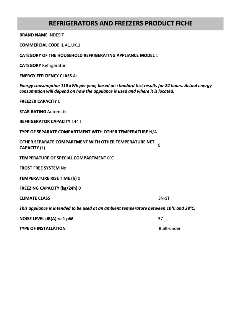 Page 1 de la notice Fiche technique Indesit IL A1.UK