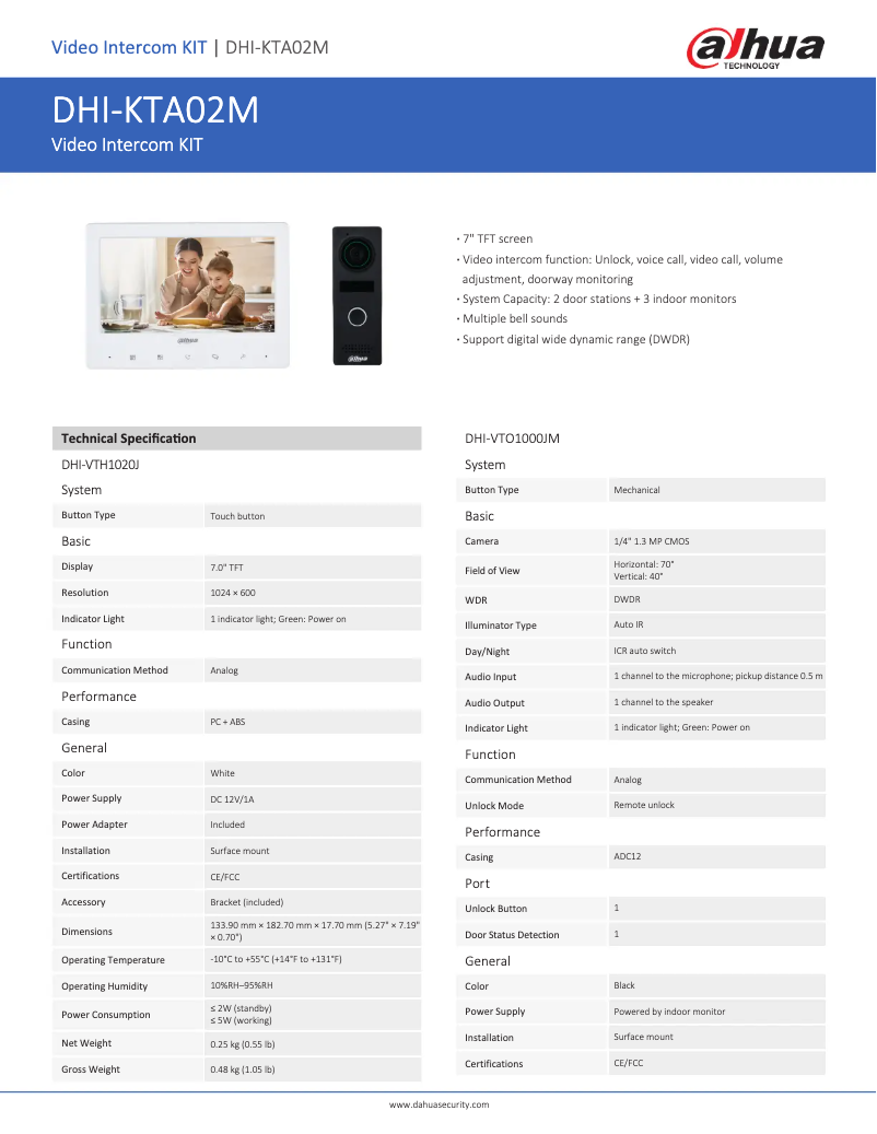 Page 1 de la notice Fiche technique Dahua Technology KTA02M