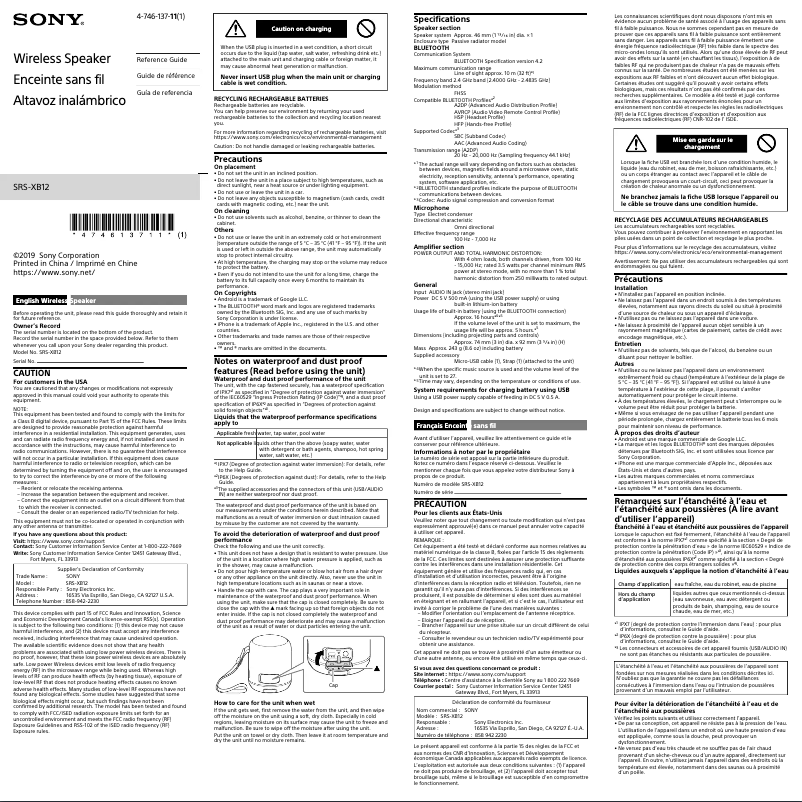 Image de la première page du manuel de l'appareil SRS-XB22