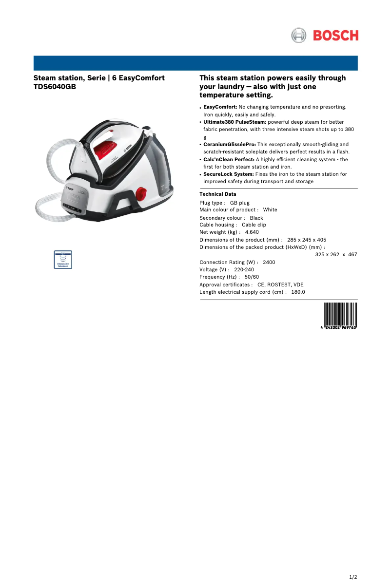 Page 1 de la notice Fiche technique Bosch EasyComfort TDS6040