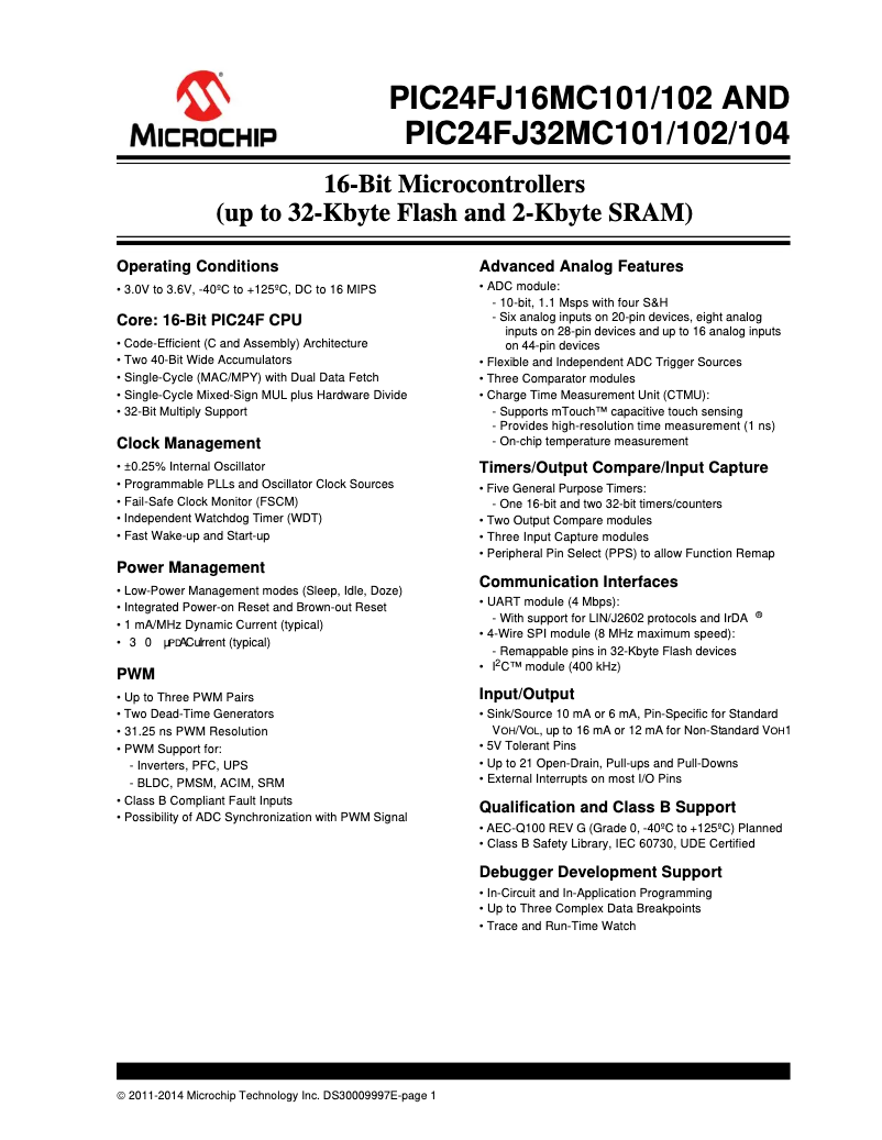 Imagen de la primera página del manual del dispositivo PIC24FJ16MC101