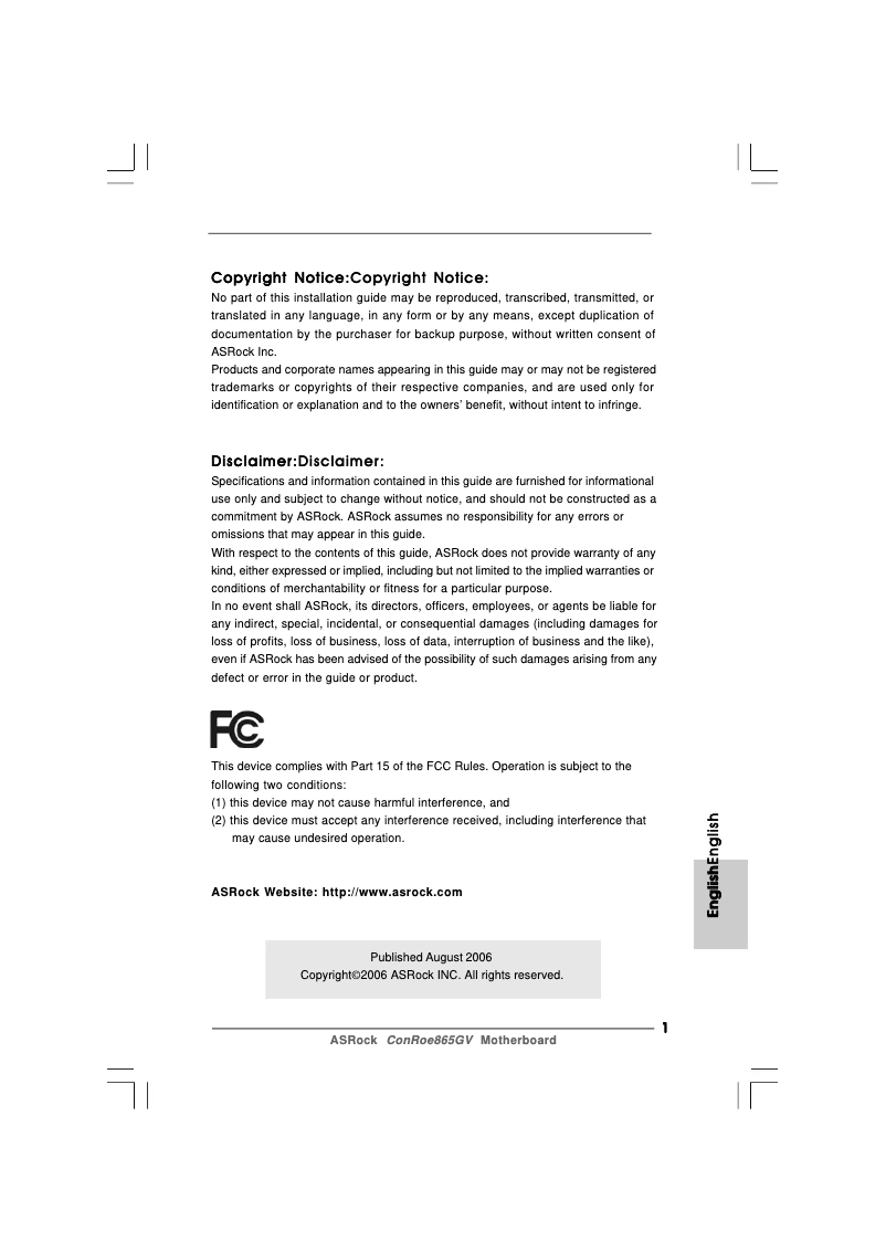 Page 1 de la notice Manuel utilisateur Asrock ConRoe865GV