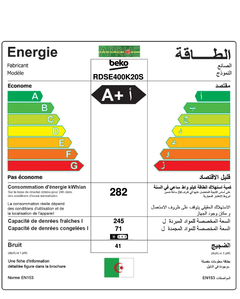 Page 1 de la notice Label énergétique Beko RDSE400K20S