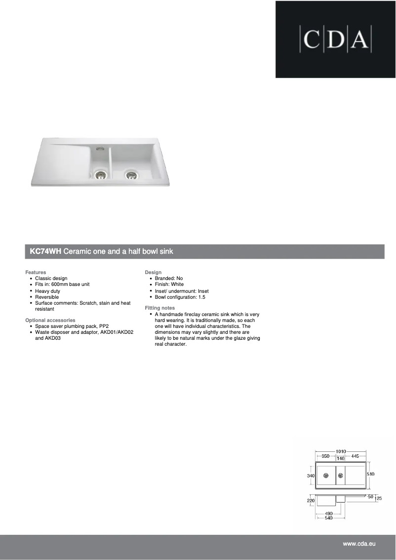 Page 1 de la notice Fiche technique CDA KC74WH