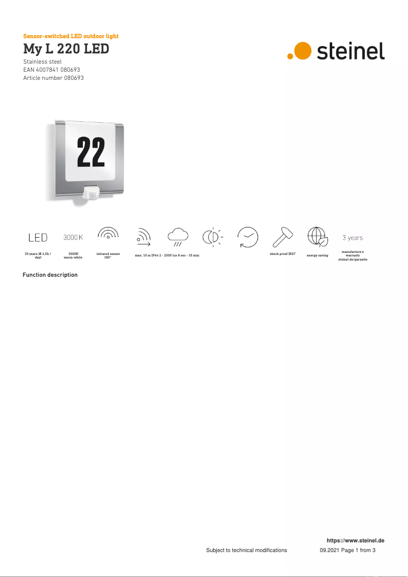 Page 1 de la notice Fiche technique Steinel My L 220 LED