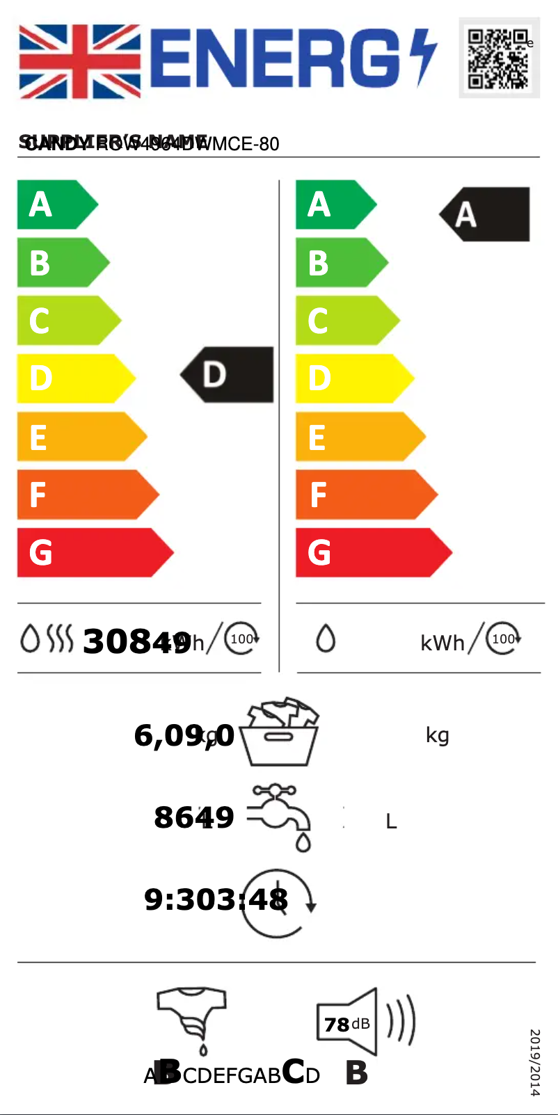 Page 1 de la notice Label énergétique Candy ROW4964DWMCE-80