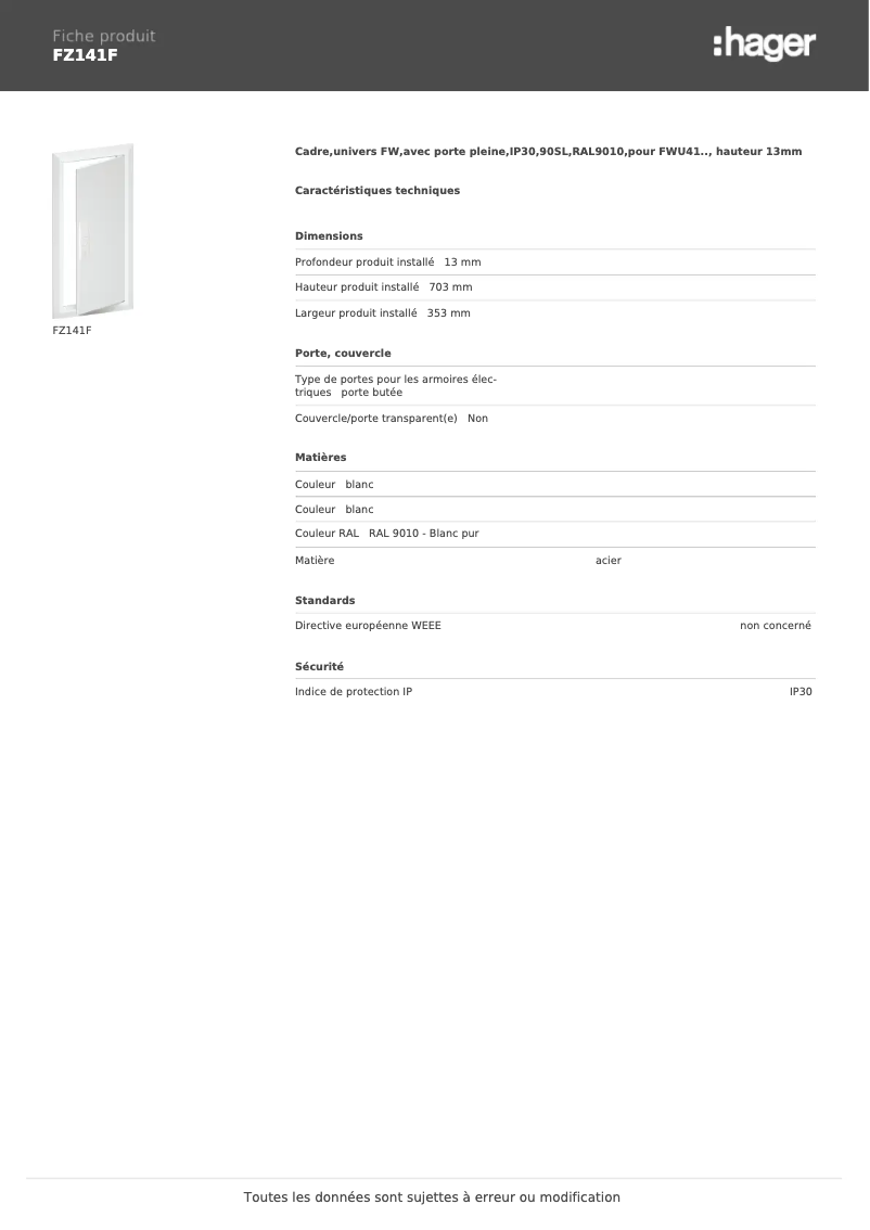 Page 1 de la notice Manuel utilisateur Hager FZ141F