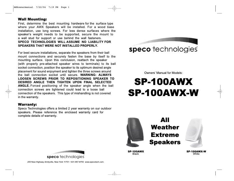 Image de la première page du manuel de l'appareil SP-100AWX