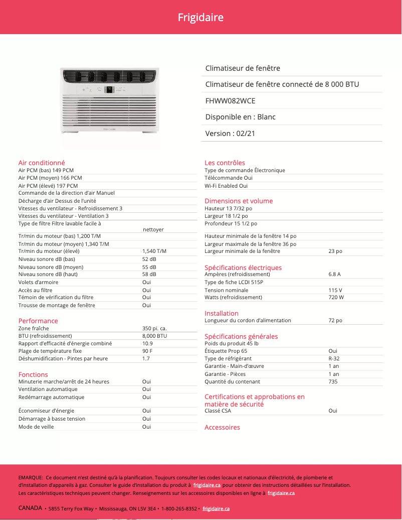 Page 1 de la notice Fiche technique Frigidaire FHWW082WCE