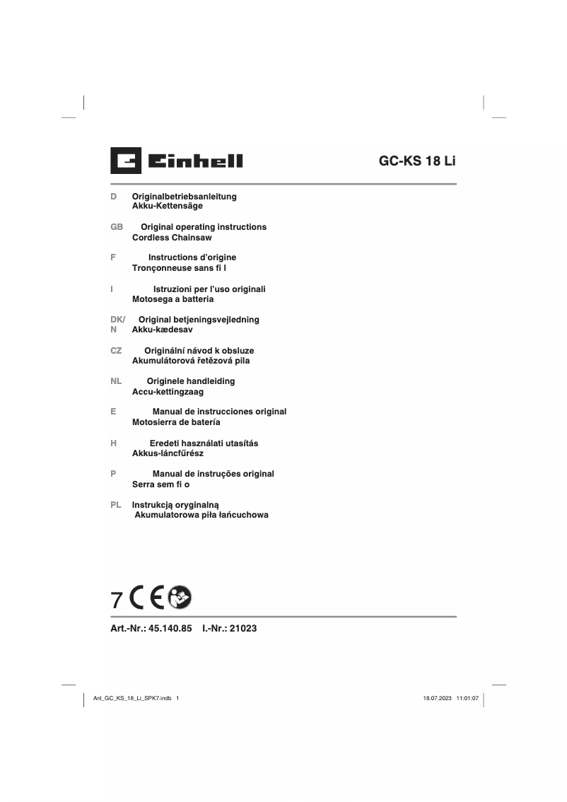 Page 1 de la notice Manuel utilisateur Einhell GC-KS 18 Li-Solo