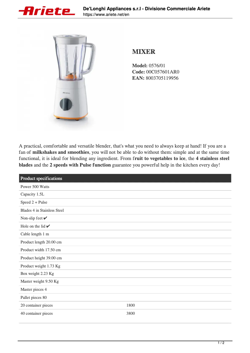 Page 1 de la notice Fiche technique Ariete Frullatore 0576