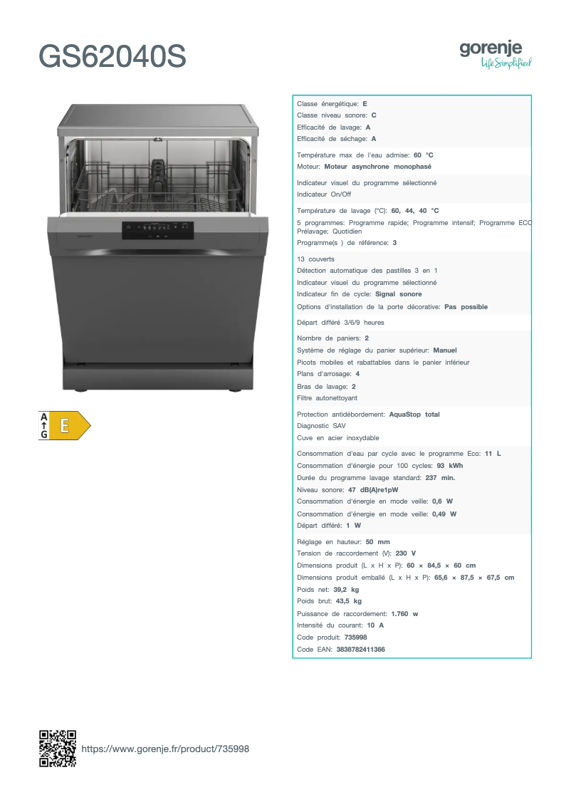 Page n°1 - Fiche technique Gorenje GS62040S