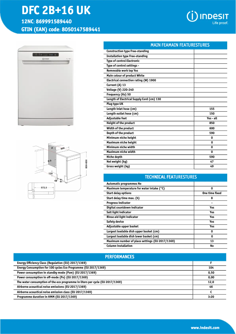 Page 1 de la notice Fiche technique Indesit DFC 2B+16 UK