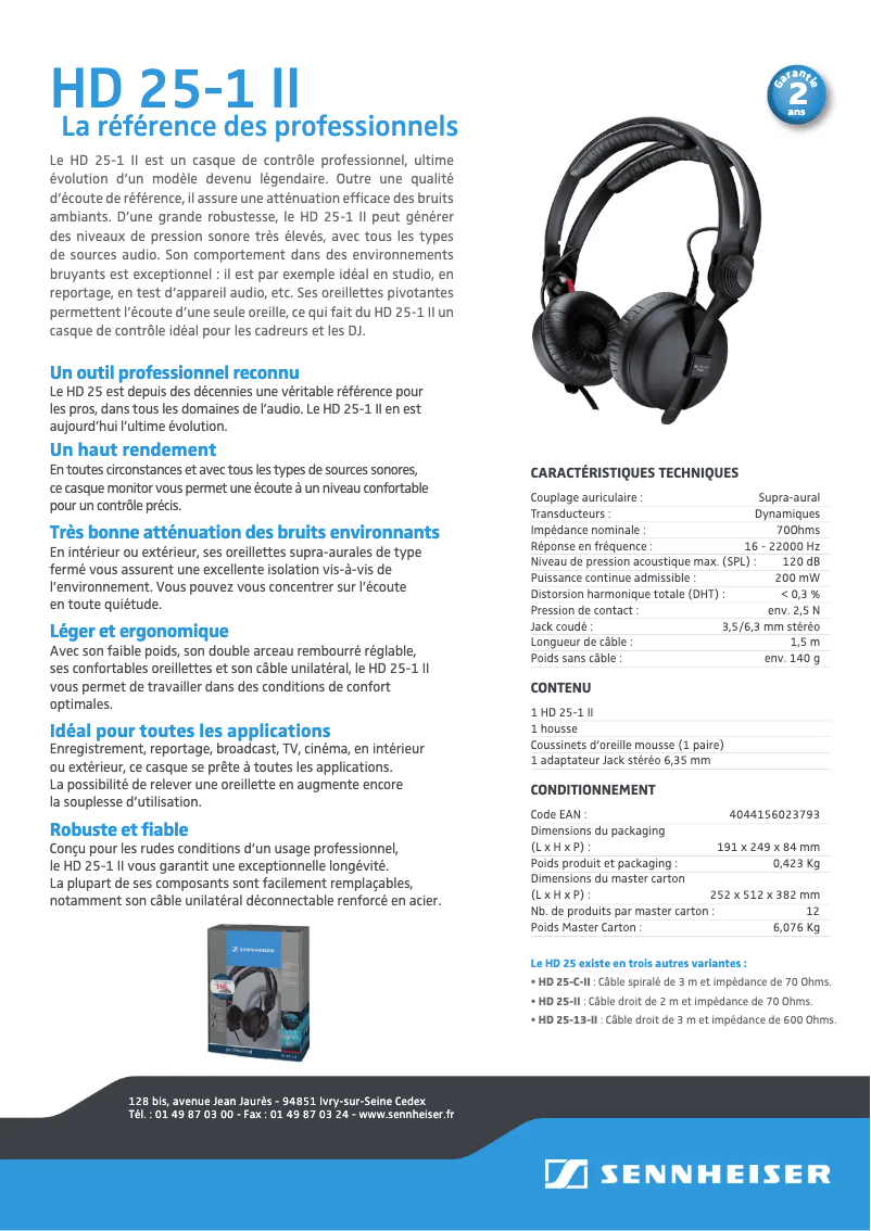 Page n°1 - Fiche technique Sennheiser HD 25-1 II