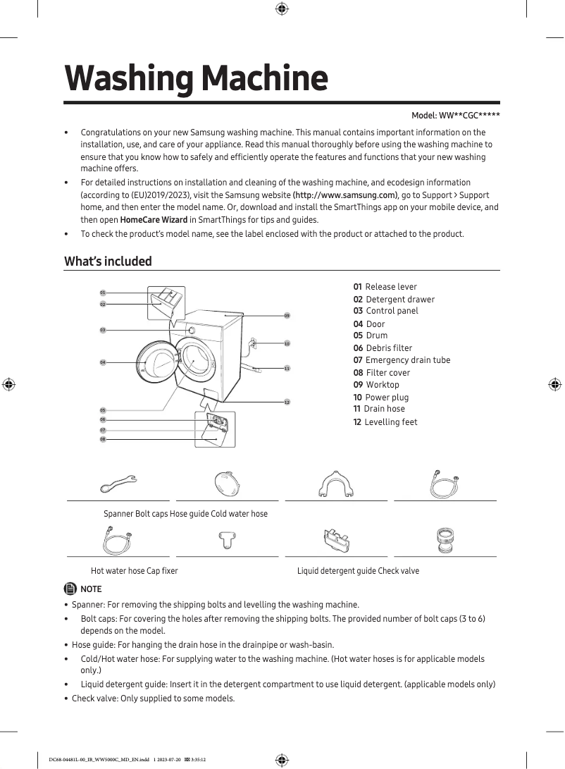 Page 1 de la notice Guide de démarrage rapide Samsung WW90CGC04DAH