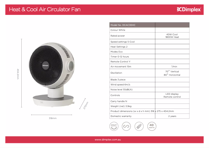 Page 1 de la notice Fiche technique Dimplex DCAC30HC