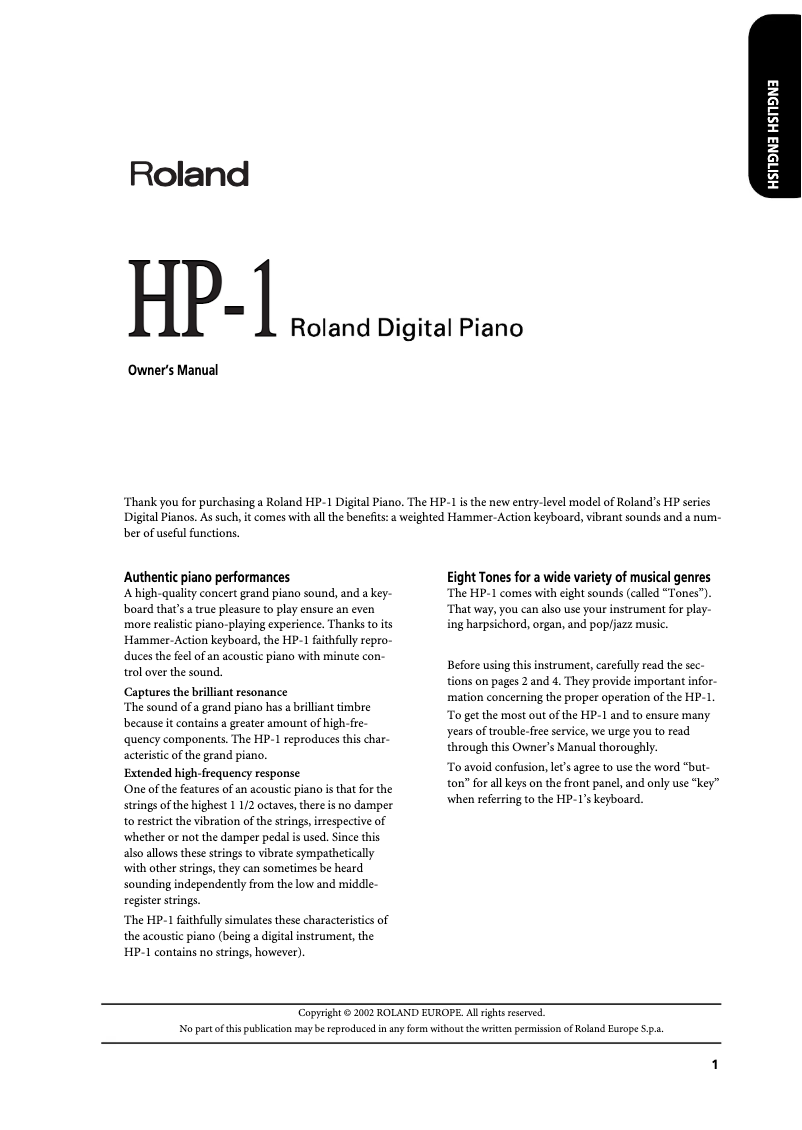 Page 1 de la notice Manuel utilisateur Roland HP-1